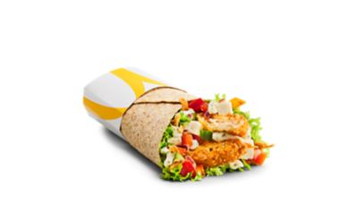 Veggie McWrap Greek >> Een volkoren wrap met een krokante Valess burger, Griekse salsa, witte kaas en een kruidige citroen yoghurtsaus ☆ McDonald's